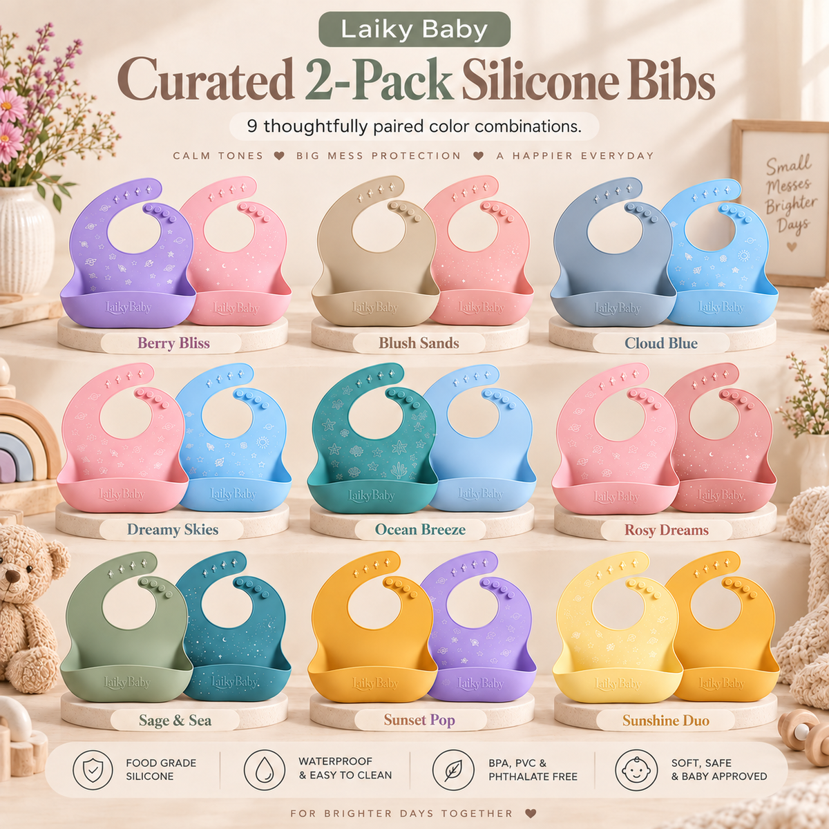A set of Laiky Baby curated 2-pack silicone bibs shown in multiple pastel color combinations on a soft beige styled background. The bibs are arranged in a grid with labels for each colorway: Berry Bliss, Blash Sands, Cloud Blue, Dreamy Skies, Ocean Breeze, Rosy Dreams, Sage & Sea, Sunset Pop, and Sunshine Duo.