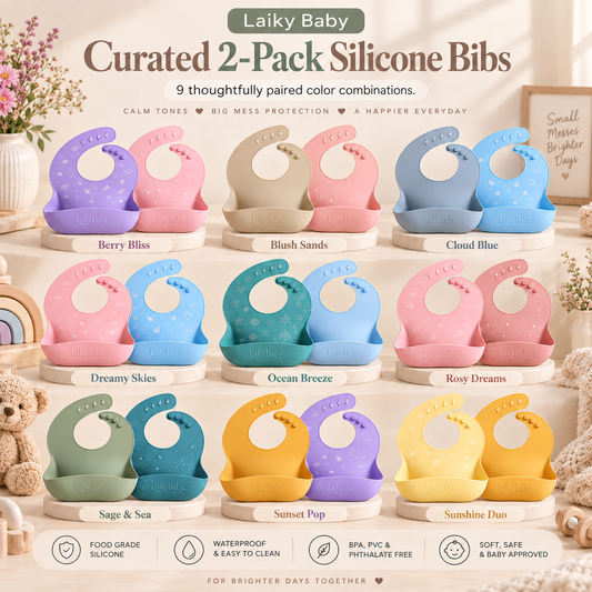 A set of Laiky Baby curated 2-pack silicone bibs shown in multiple pastel color combinations on a soft beige styled background. The bibs are arranged in a grid with labels for each colorway: Berry Bliss, Blash Sands, Cloud Blue, Dreamy Skies, Ocean Breeze, Rosy Dreams, Sage & Sea, Sunset Pop, and Sunshine Duo.