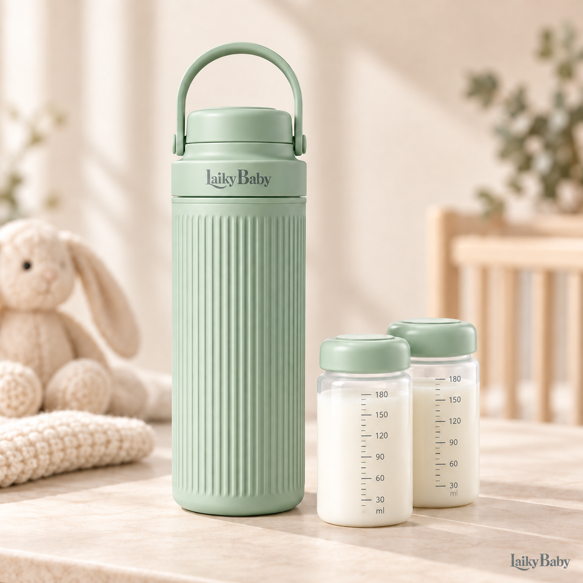 A light sage green baby bottle warmer with a carrying handle and two matching baby bottles filled with milk, displayed on a wooden surface with a soft nursery background.