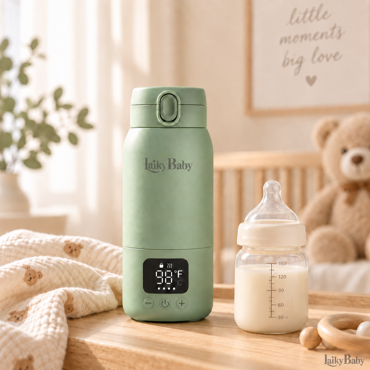 A light sage green Laiky Baby bottle warmer sits on a wooden table next to a baby bottle filled with milk, styled in a warm, cozy nursery setting with a teddy bear and soft background decor.