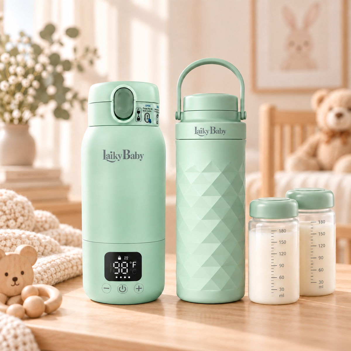 A set of Laiky Baby baby feeding and storage products arranged on a wooden table in a softly styled nursery-like setting. The set includes a mint green travel warmer with a digital temperature display, a larger mint green bottle cooler with a loop handle, two clear baby bottles with mint green caps, in a diamond strip