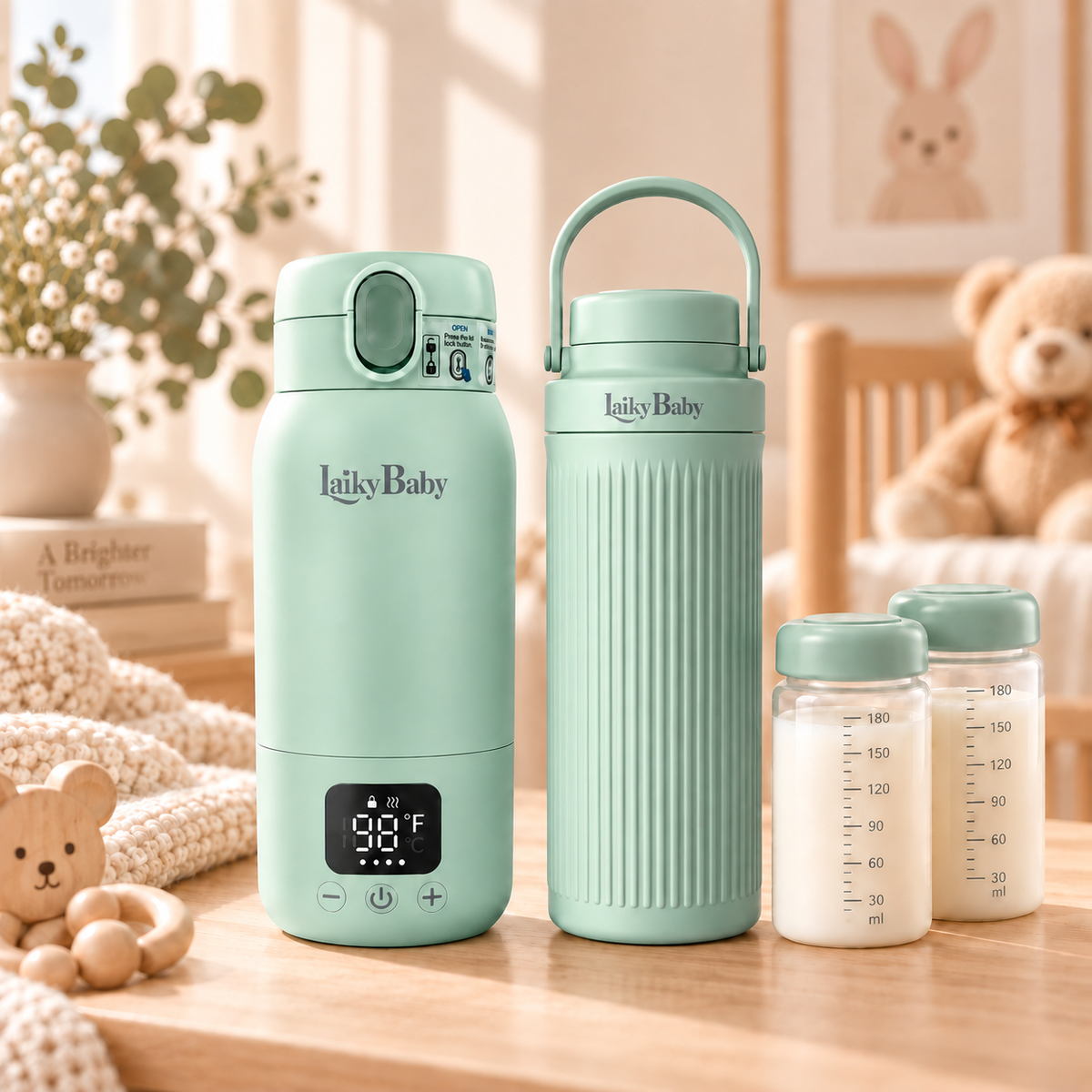 A mint green Laiky Baby travel warmer with a digital temperature display stands next to a matching ribbed travel bottle with a carry loop, with two small milk bottles and soft nursery props in the background.