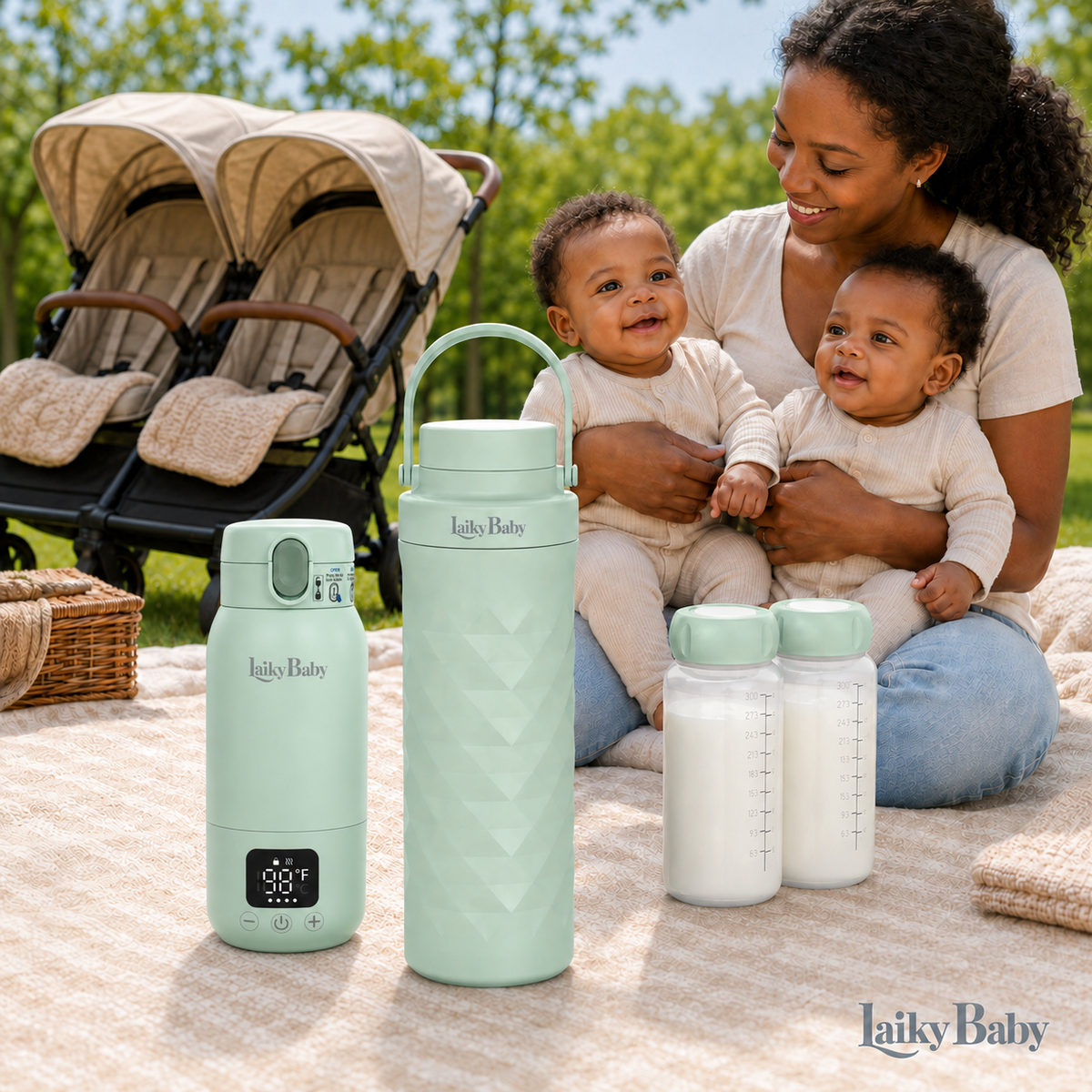 A family picnic scene outdoors with a woman holding two babies, alongside three Laiky Baby bottle cooler and a bottle warmer on a blanket, with a stroller in the background.